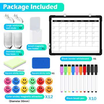 Dry Erase Whiteboard w/Monthly Calendar, Double Side 16 x 12 for Office & School Reminder and Speech, w/Drillless Hangers, 100 Paper Tag, 10 Color Marker, 12 Smile Magnet, and More Accesories