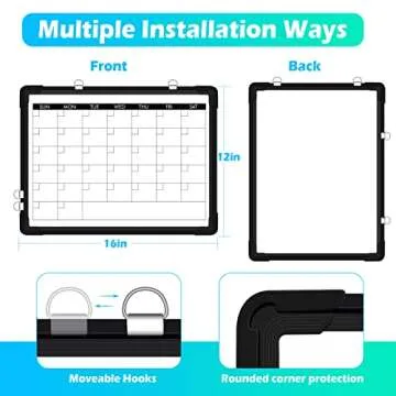 Dry Erase Whiteboard w/Monthly Calendar, Double Side 16 x 12 for Office & School Reminder and Speech, w/Drillless Hangers, 100 Paper Tag, 10 Color Marker, 12 Smile Magnet, and More Accesories