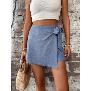 WDIRARA Women's Summer Mini Wrap Shorts Knot High Waist Belted Skorts Zipper Casual Loose Skirt Blue Boho Small