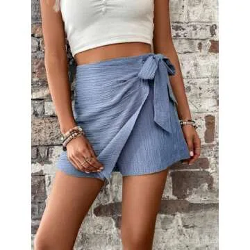 WDIRARA Women's Summer Mini Wrap Shorts Knot High Waist Belted Skorts Zipper Casual Loose Skirt Blue Boho Small