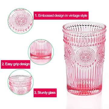 GLASS SMILE 6 Pack Romantic Water Glasses-12 OZ Pink Vintage Drinking Glasses Tumblers for Whisky, Beer, Juice, Beverages, Cocktail