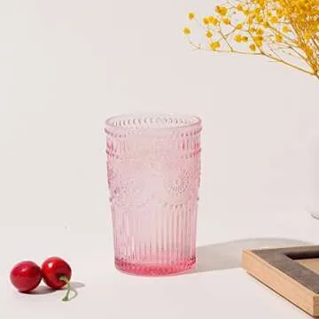 GLASS SMILE 6 Pack Romantic Water Glasses-12 OZ Pink Vintage Drinking Glasses Tumblers for Whisky, Beer, Juice, Beverages, Cocktail