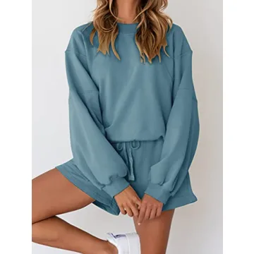 MEROKEETY Women's 2024 Fall Oversized Batwing Sleeve Lounge Sets Casual Top and Shorts 2 Piece Outfits Sweatsuit Blue