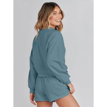MEROKEETY Women's 2024 Fall Oversized Batwing Sleeve Lounge Sets Casual Top and Shorts 2 Piece Outfits Sweatsuit Blue