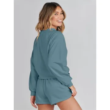 MEROKEETY Women's 2024 Fall Oversized Batwing Sleeve Lounge Sets Casual Top and Shorts 2 Piece Outfits Sweatsuit Blue