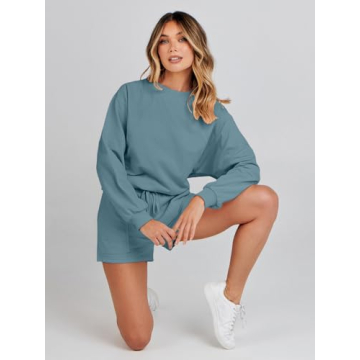 MEROKEETY Women's 2024 Fall Oversized Batwing Sleeve Lounge Sets Casual Top and Shorts 2 Piece Outfits Sweatsuit Blue