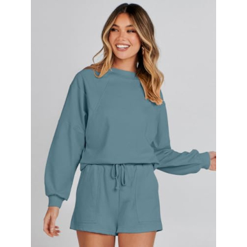 MEROKEETY Women's 2024 Fall Oversized Batwing Sleeve Lounge Sets Casual Top and Shorts 2 Piece Outfits Sweatsuit Blue