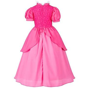 Pink Princess Dress for Girls, Kids Princess costume with Crown Gloves Wand Earrings 6-7 Years