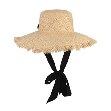 GEMVIE Women's UPF 50+ Straw Sun Hat Wide Brim Floppy Fedora Straw Hat Beach Raffia Sun Hat with Chin Strap Beige
