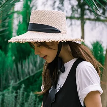 GEMVIE Women's UPF 50+ Straw Sun Hat Wide Brim Floppy Fedora Straw Hat Beach Raffia Sun Hat with Chin Strap Beige