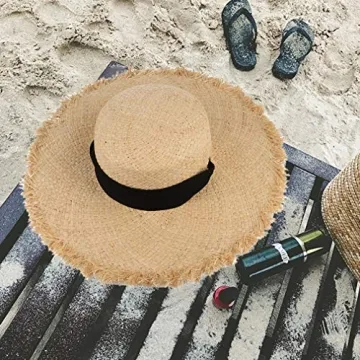 GEMVIE Women's UPF 50+ Straw Sun Hat Wide Brim Floppy Fedora Straw Hat Beach Raffia Sun Hat with Chin Strap Beige