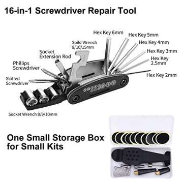 Bike Tire Repair Tool Kit with Mini Gauge Hand Pump, Including 210PSI Bicycle Air Pump Fit Schrader Presta, 16 in 1 Multi Bicycle Fix Tools, Tire Puncture Repair Kit and One Cycling Seat Pack…