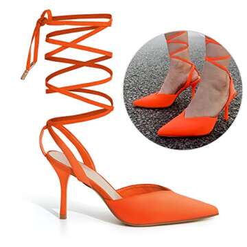 mysoft Women's Lace up Pumps Pointed Toe Dress Stiletto Heels Neon Orange