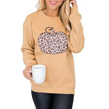 Jeemery Women's Halloween Leopard Print Pumpkin Graphic Sweatshirts Crewneck Long Sleeve Casual Loose Fit Sweaters Tops Yellow