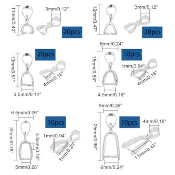 PH PandaHall 90pcs Brass Pinch Bails, 6 Sizes Pinch Clip Bail Clasp Dangle Charm Bead Pendant Connector for Necklace Jewelry DIY Craft Making, Silver, 11/12/13/15/20/25mm