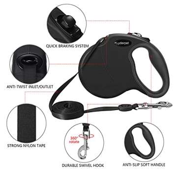 Lyderpet Dog Leash Retractable for Medium/Small Dogs, All Black Retractable Leash Lightweight for Walking Dog, Easy to Lock and Hold