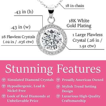 Cate & Chloe Blake 18k White Gold Plated Pendant Necklace | Halo Silver Necklaces with Round Cut Cub...