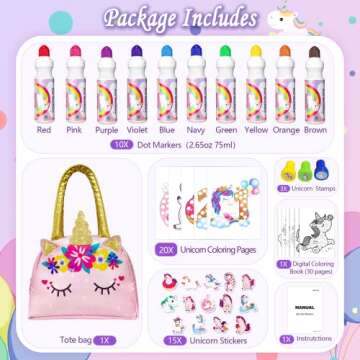 weirtoya Dot Markers Set with 10 Colors Dot Markers Unicorn Tote Bag Stickers Stamps Coloring Book, 50 pcs Unicorns Gifts For Girls Birthday Gifts Dot Art Supplies… (Unicorns)