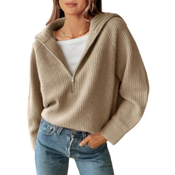 BTFBM Women’s Casual Half Zip Long Sleeve V-Neck Pullover Sweaters Solid Collar Ribbed Knit Loose Slouchy Jumper Tops(Solid Light Khaki, Medium)