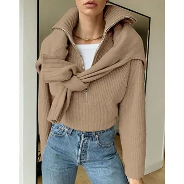 BTFBM Women’s Casual Half Zip Long Sleeve V-Neck Pullover Sweaters Solid Collar Ribbed Knit Loose Slouchy Jumper Tops(Solid Light Khaki, Medium)