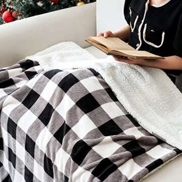 MIULEE Buffalo Plaid Sherpa Fleece Throw Blanket Checkered Flannel Fluffy Soft Reversible Microfiber Christmas Blanket Lightweight Fuzzy and Warm Checker Blanket for Bed Couch 50"x 60" Black/White