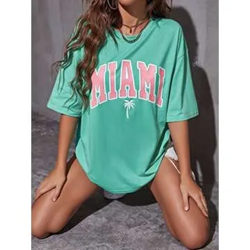 Verdusa Women's Loose Drop Shoulder Tree Miami Letter Graphic Oversized Longline Tee Shirt Tops Mint Green M