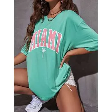 Verdusa Women's Loose Drop Shoulder Tree Miami Letter Graphic Oversized Longline Tee Shirt Tops Mint Green M