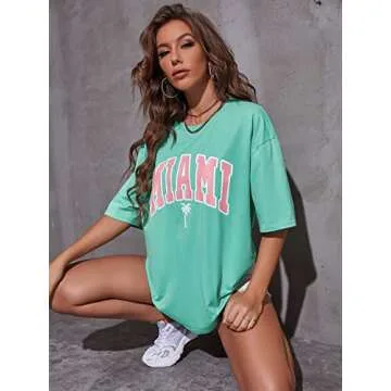 Verdusa Women's Loose Drop Shoulder Tree Miami Letter Graphic Oversized Longline Tee Shirt Tops Mint Green M