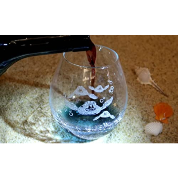 Christmas Gifts for Mom from Daughter, Sea Turtle Gifts for Women, Etched Sea Turtles Family Handmade Engraved Crackle Turquoise Beach Wine Glass 18 Ounces