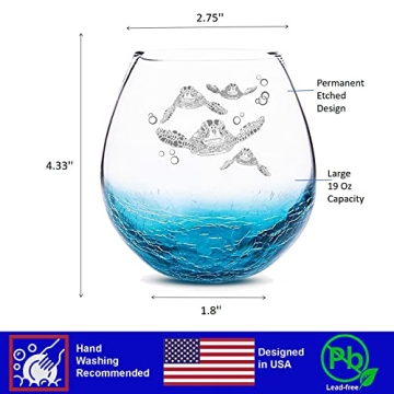 Christmas Gifts for Mom from Daughter, Sea Turtle Gifts for Women, Etched Sea Turtles Family Handmade Engraved Crackle Turquoise Beach Wine Glass 18 Ounces