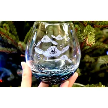 Christmas Gifts for Mom from Daughter, Sea Turtle Gifts for Women, Etched Sea Turtles Family Handmade Engraved Crackle Turquoise Beach Wine Glass 18 Ounces