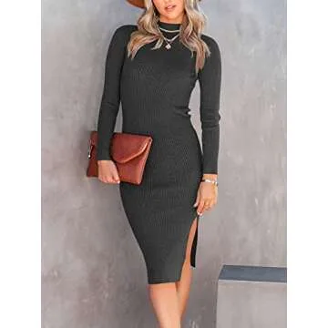 ANRABESS Women Long Sleeve Turtleneck Slim Fit Ribbed Knit Slit Cocktail Party Sweater Midi Dress 2024 Trendy Fall Outfits Black Small