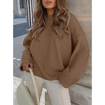 LOGENE Women's Oversized Sweater Crewneck Long Sleeve Soft Fuzzy Knit Pullover Sweaters 2024 Winter Fashion Warm Tops Clothes Coffce Small Coffee
