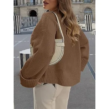 LOGENE Women's Oversized Sweater Crewneck Long Sleeve Soft Fuzzy Knit Pullover Sweaters 2024 Winter Fashion Warm Tops Clothes Coffce Small Coffee