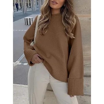 LOGENE Women's Oversized Sweater Crewneck Long Sleeve Soft Fuzzy Knit Pullover Sweaters 2024 Winter Fashion Warm Tops Clothes Coffce Small Coffee