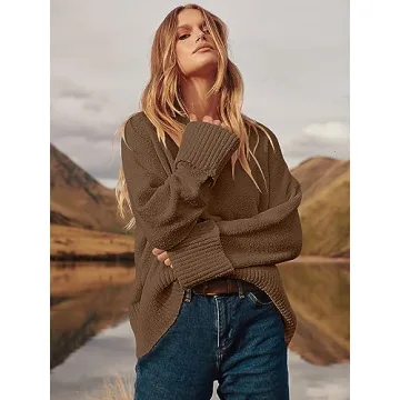 LOGENE Women's Oversized Sweater Crewneck Long Sleeve Soft Fuzzy Knit Pullover Sweaters 2024 Winter Fashion Warm Tops Clothes Coffce Small Coffee