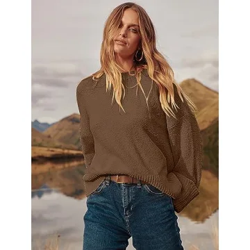 LOGENE Women's Oversized Sweater Crewneck Long Sleeve Soft Fuzzy Knit Pullover Sweaters 2024 Winter Fashion Warm Tops Clothes Coffce Small Coffee