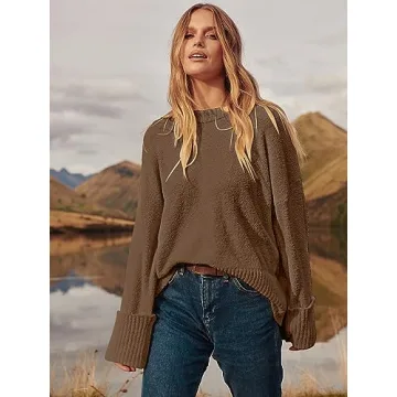 LOGENE Women's Oversized Sweater Crewneck Long Sleeve Soft Fuzzy Knit Pullover Sweaters 2024 Winter Fashion Warm Tops Clothes Coffce Small Coffee