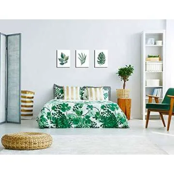 Green Leaf Wall Art Simple Life Leaves Canvas Pictures Watercolor Painting Prints Contemporary Canvas Artwork Ready to Hang for Bedroom Bathroom Living Room Wall Decor 12" x 16" x 3 Pieces