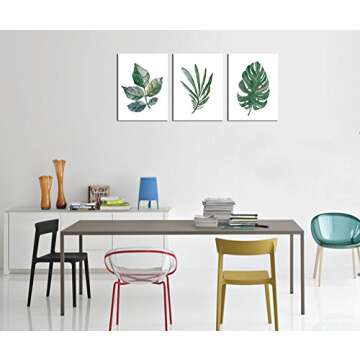 Green Leaf Wall Art Simple Life Leaves Canvas Pictures Watercolor Painting Prints Contemporary Canvas Artwork Ready to Hang for Bedroom Bathroom Living Room Wall Decor 12" x 16" x 3 Pieces