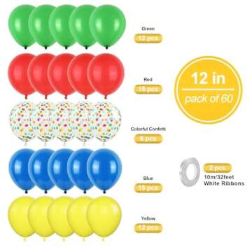 Red Yellow Blue Balloons, 60PCS Balloons Red Blue Green, 12Inch Matte Blue Yellow Red Green Latex Ba...