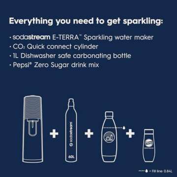 SodaStream - E-TERRA Soda Maker | STARTER KIT | 3 Automatic Carbonation Levels | Includes 1x CO2 Cylinder, 1x 32 Fl Oz Dishwasher Safe Bottle, 1x Pepsi Zero Sugar Mix, 1x Power Adapter | White