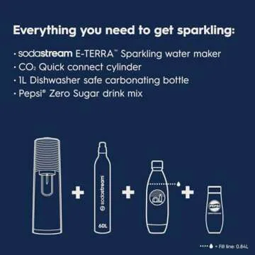 SodaStream - E-TERRA Soda Maker | STARTER KIT | 3 Automatic Carbonation Levels | Includes 1x CO2 Cylinder, 1x 32 Fl Oz Dishwasher Safe Bottle, 1x Pepsi Zero Sugar Mix, 1x Power Adapter | White