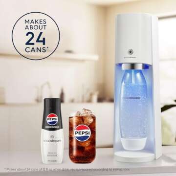 SodaStream - E-TERRA Soda Maker | STARTER KIT | 3 Automatic Carbonation Levels | Includes 1x CO2 Cylinder, 1x 32 Fl Oz Dishwasher Safe Bottle, 1x Pepsi Zero Sugar Mix, 1x Power Adapter | White