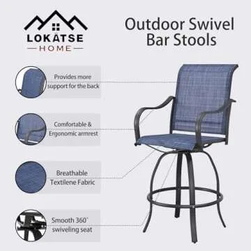 LOKATSE Home 2 Piece Bar Height Patio Chairs Outdoor Swivel Stools Set Furniture with All Weather Metal Frame, Blue Tesling Fabric