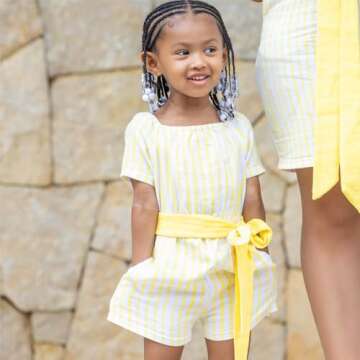 Elle Olivia Mommy and Me Stripe Print Romper - Short Sleeves Matching Outfits for Mother and Daughter Cute Summer Jumpsuits for Vacation Photoshoot & Occasions Yellow - 5T