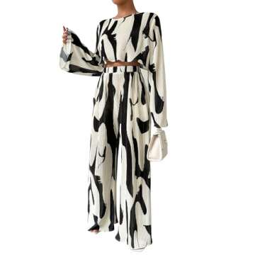 Verdusa Women's 2 Piece Sets Dressy Brunch Outfits Bell Sleeve Pleated Crop Top Pants Business Casual Outfit Black and White Medium