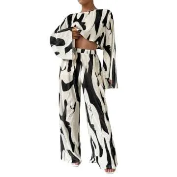 Verdusa Women's 2 Piece Sets Dressy Brunch Outfits Bell Sleeve Pleated Crop Top Pants Business Casual Outfit Black and White Medium