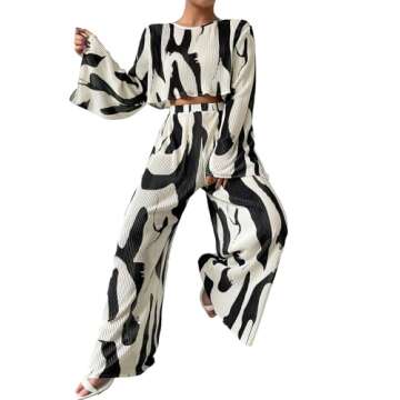 Verdusa Women's 2 Piece Sets Dressy Brunch Outfits Bell Sleeve Pleated Crop Top Pants Business Casual Outfit Black and White Medium