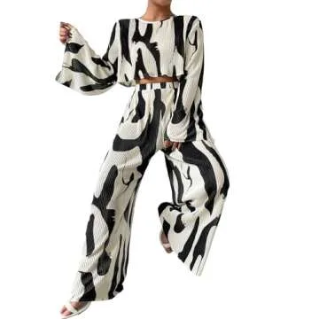Verdusa Women's 2 Piece Sets Dressy Brunch Outfits Bell Sleeve Pleated Crop Top Pants Business Casual Outfit Black and White Medium